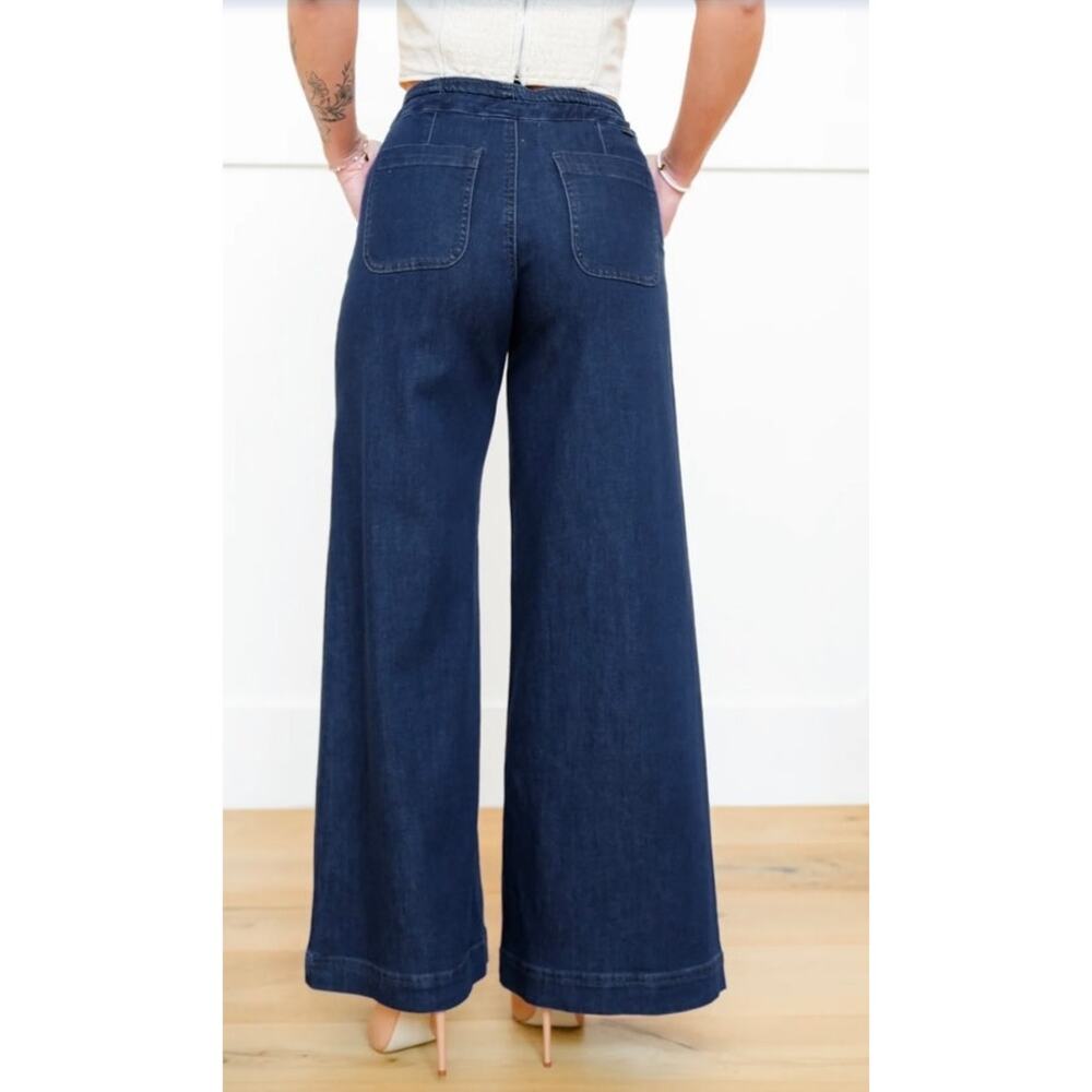 Risen Jeans Mid Rise Dark Wash Wide Leg Pants with Tie Waistband NWT Small $128 - Picture 2 of 10